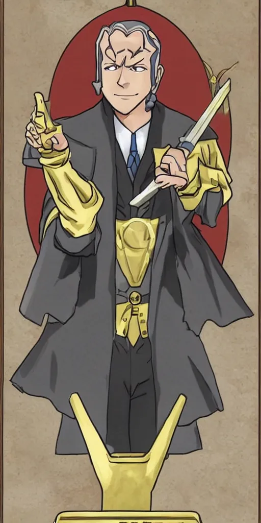 Image similar to the judge from Ace Attorney dressed as justice with a scale in one hand. Tarot card Justice