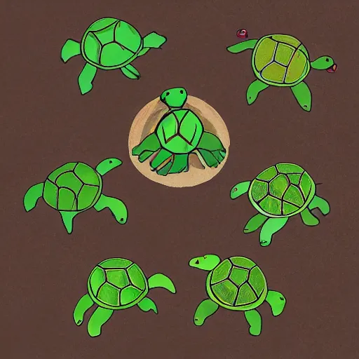 Prompt: a stack of turtles beneath a round disc map