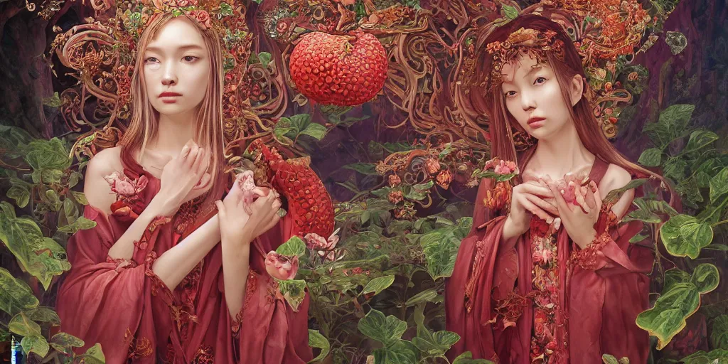 Image similar to breathtaking detailed concept art painting of the goddess of rafflesia arnoldii flowers, orthodox saint, with anxious, piercing eyes, ornate background, amalgamation of leaves and flowers, by Hsiao-Ron Cheng, James jean, Miho Hirano, Hayao Miyazaki, extremely moody lighting, 8K