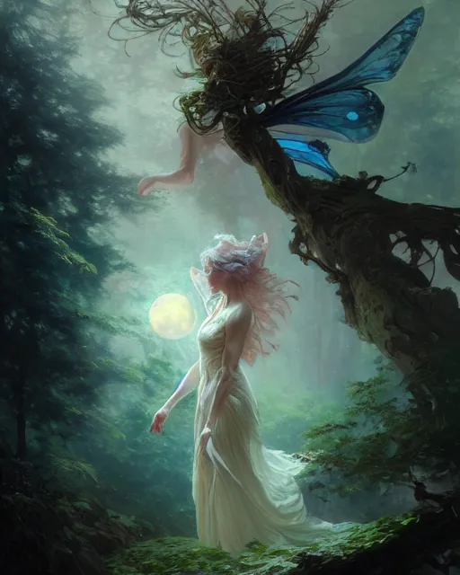 Image similar to a portrait of beautiful fairy goddness fly high in the night, d & d, fantasy, mist, full moon in background, trees, hyper detailed,, midium shot, an oil painting by ruan jia, trending on artstation, concept art, sharp focus, illustration, gaston bussiere, craig mullins, j. c. leyendecker, beautiful lighting