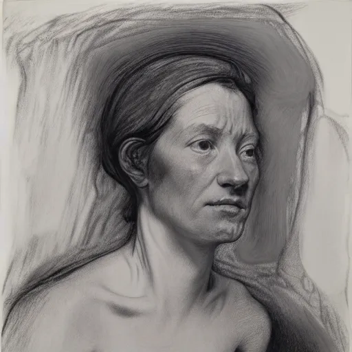 Prompt: charcoal drawing portrait of a woman in suit by jenny saville, rembrandt and raphael and lucian freud and edward hopper
