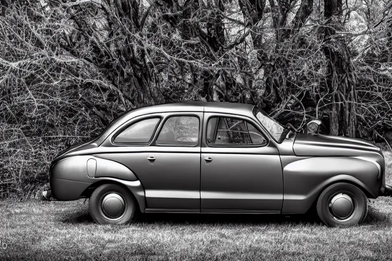 Image similar to stylized poster of a single 1945 Dodge Omni, (Sony a7R IV, symmetric balance, polarizing filter, Photolab, Lightroom, 4K, Dolby Vision, Photography Award)