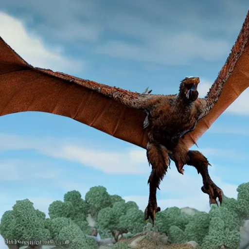Prompt: medium sized brown feathered wyvern that stands on 2 legs with razor sharp teeth and sharp claws, extremely detailed, 4 k