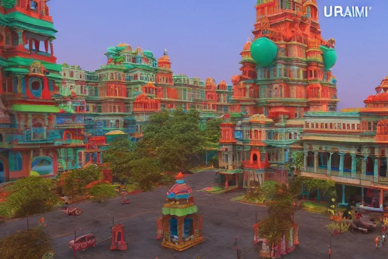 Image similar to high quality 3 d dreamscape! mumbai with biomorphic hanuman!! head building, kalighat, unreal engine hyperrealistic cinematic smooth, stephen shore & john j. park, soft morning light, wide shot, high angle, uhd 8 k, deep focus