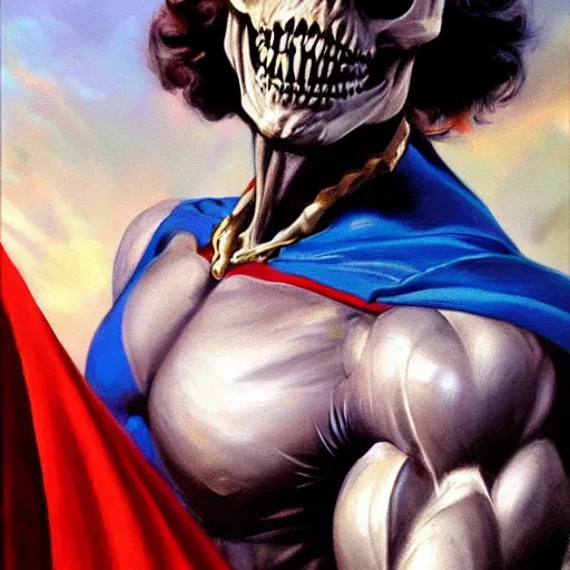 Image similar to ultra realistic portrait painting of skeletor as superman, art by frank frazetta, 4 k, ultra realistic, highly detailed, epic lighting