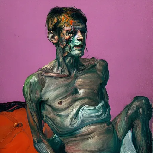 Image similar to high quality high detail painting of a man in agony by lucian freud and jenny saville and francis bacon and malcom liepke and nicola samori, hd, anxiety, seated with friend in a living room crying and screaming, turquoise and purple and orange and pink, dark atmosphere