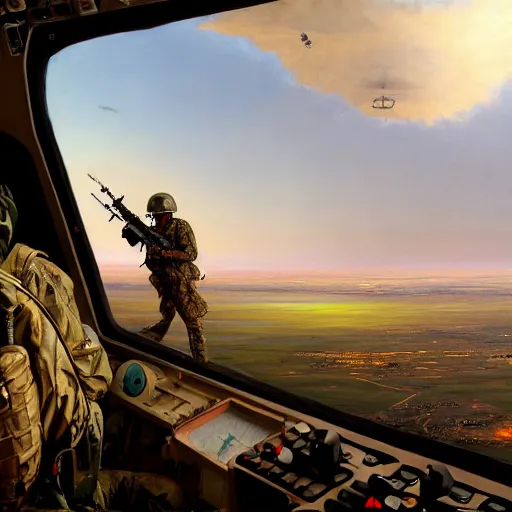 Prompt: a painting of a deploying soldier from a helicopter in the gulf war by Bernardo Bellotto, high detail, hyperrealistic, concept art, artstation, 8k