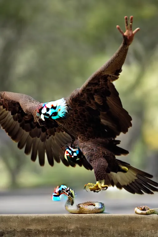 Image similar to eagle eat snake, in savannah, winning pulitzer award winning, captured by nikon d 8 5 0, bokeh, dynamic composition, and daniel berehulak and adnan abidi and preston gannaway, matt rainey, stephanie welsh, kyochi sawada