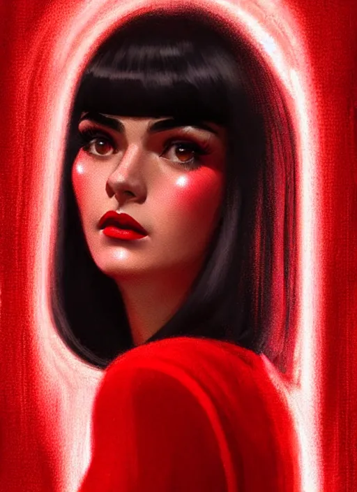 Image similar to portrait of veronica lodge with bangs, 1 9 6 0 s, long hair, red clothes, bangs, intricate, elegant, glowing lights, highly detailed, digital painting, artstation, concept art, smooth, sharp focus, illustration, art by wlop, mars ravelo and greg rutkowski