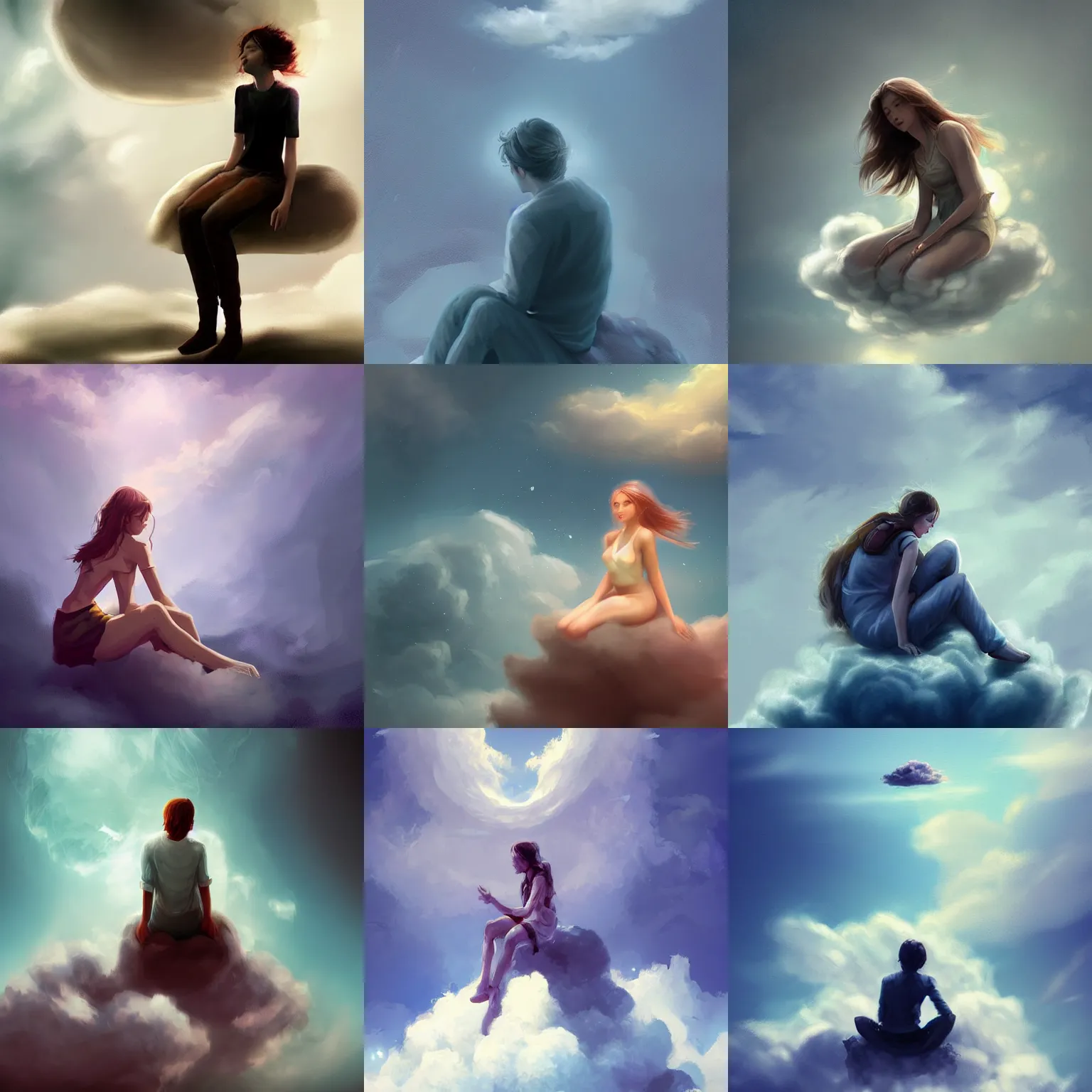 Prompt: person sitting on a cloud, fantasy, digital art, artstation