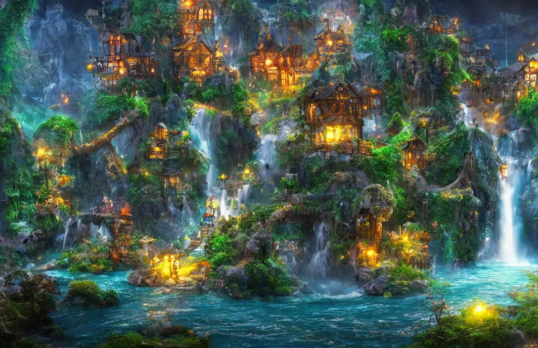 Image similar to magical fantasy town, background : giant bioluminscent waterfall, quaint vibes, epic fantasy, ultra hd render + 4 k uhd + immense detail + very crisp and clear image