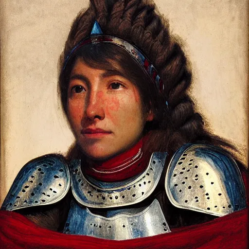 Prompt: head and shoulders portrait of a female knight, quechua!, cuirass, tonalist, symbolist, realistic, baroque, detailed, modeled lighting, haggard, vignetting, indigo and venetian red, angular, asleep, eagle
