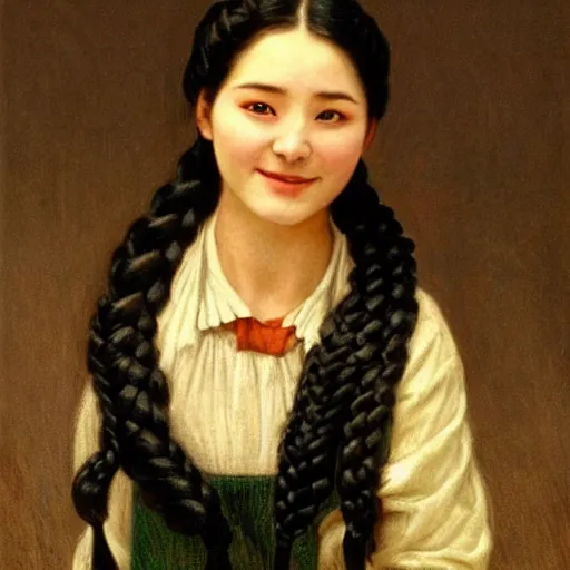 Prompt: a ((sadly)) (((smiling)))) black haired, young hungarian servantmaid from the 19th century who looks very similar to (((Lee Young Ae))) with a two french braids, detailed, soft focus, realistic oil painting by Ferenczy Károly, John Everett Millais, Munkácsy, Csók István, and da Vinci