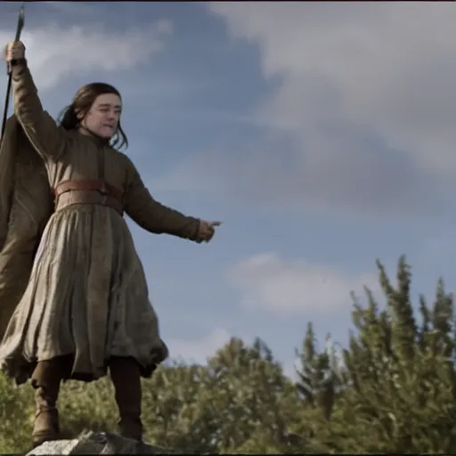 Prompt: arya stark flying through the sky