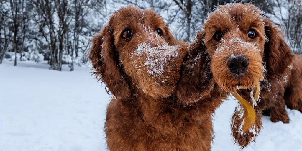 Prompt: Giant woolly dachshund with tusks, in snow