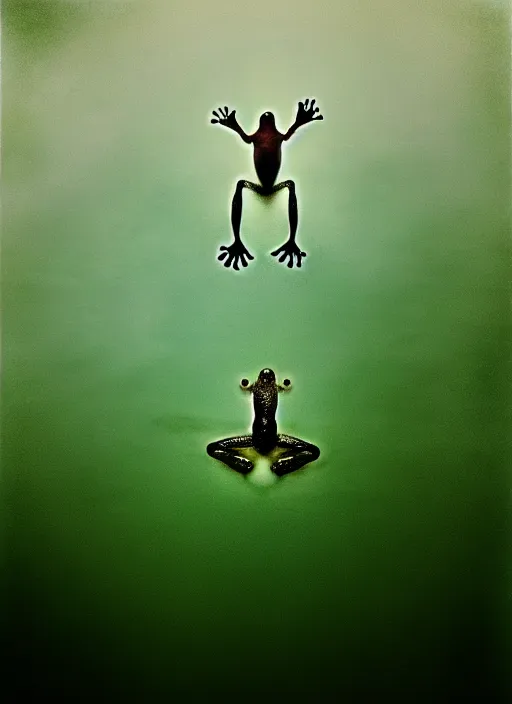 Prompt: “semitransparent frog amphibian vertically hovering over misty lake waters in jesus christ pose, smiling, low angle, long cinematic shot by Andrei Tarkovsky, paranormal, eerie, mystical”