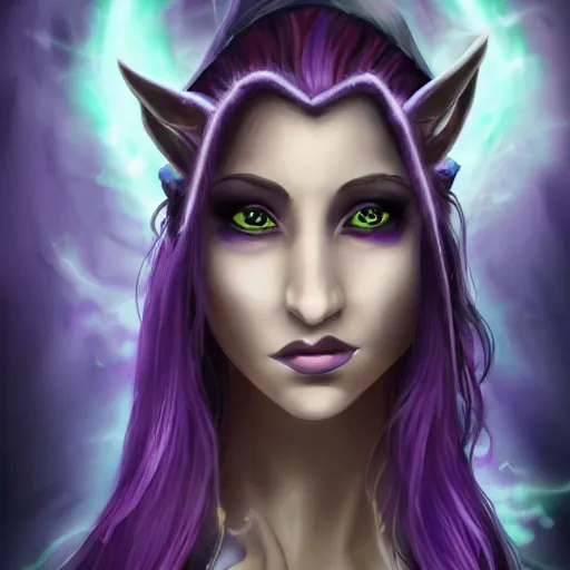 Image similar to high quality fantasy painting of a half-elf sorceress, she has purple hair, 35 years old, magical chaotic lights dance around her, dark and ominous background