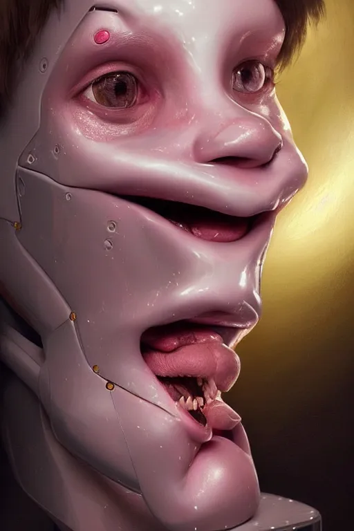 Prompt: beautiful portrait of a teen robot making fyunny face with the tongue, dystopian, biopunk, skin details, digital painting, sculpted in zbrush, artstation, concept art, smooth, sharp focus, illustration, chiaroscuro, soft lighting, golden ratio, rule of thirds, fibonacci, art by Audubon, incredible art by Stanley Artgerm Lau and Greg Rutkowski, composition by mike mignola and Simon Stalenhag,