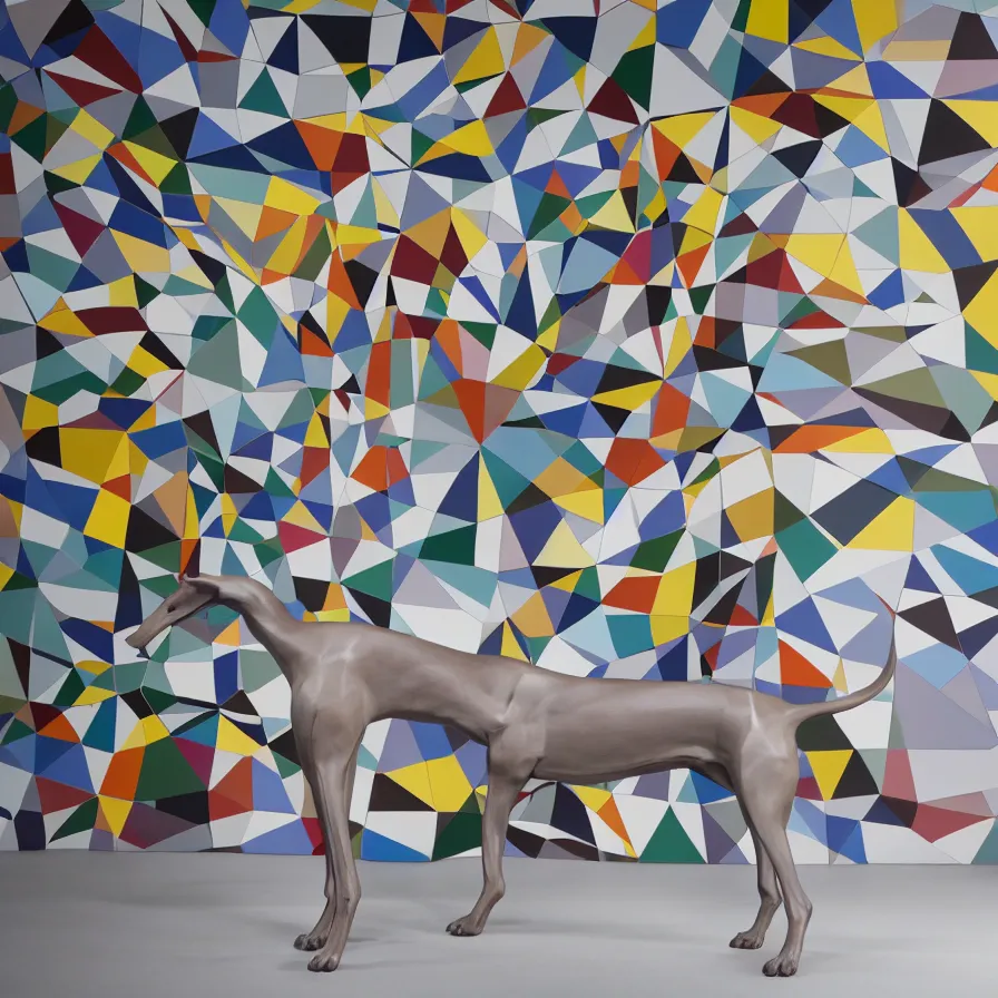 Image similar to beautiful gallery show studio photograph of a giant realistic geometric ceramic sculpture of a greyhound!!!!, heavily glazed by bridget riley and victor vasarely, placed on a polished wooden table, colorful hyperrealism 8 k trending on artstation