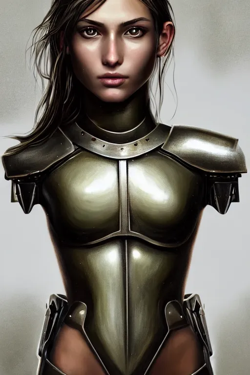 Image similar to a photorealistic painting of an attractive young girl, partially clothed in dull metal-plated battle armor, olive skin, long dark hair, beautiful bone structure, symmetric facial features, perfect eyes, intricate, elegant, slim muscular body, natural physique, digital painting, concept art, finely detailed, illustration, sharp focus, minimal artifacts, from Metal Gear, by Greg Rutkowski, in the style of Ruan Jia and Mandy Jurgens and Artgerm and William-Adolphe Bouguerea, trending on Artstation, award winning