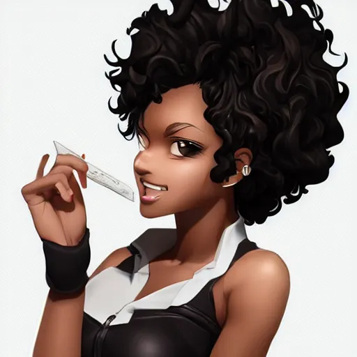 Image similar to A brown skinned woman with black curly hair as an anime character, artstation, highlt detailed