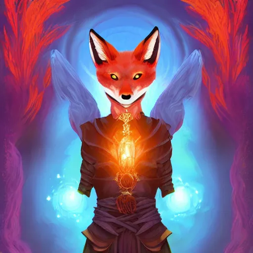 Image similar to a painted avatar portrait of an awesome powerful humanoid kitsune fox mage themed around life and death, in the style of dnd beyond avatar portraits, beautiful, artistic, elegant, lens flare, magical, lens flare, nature, realism, stylized