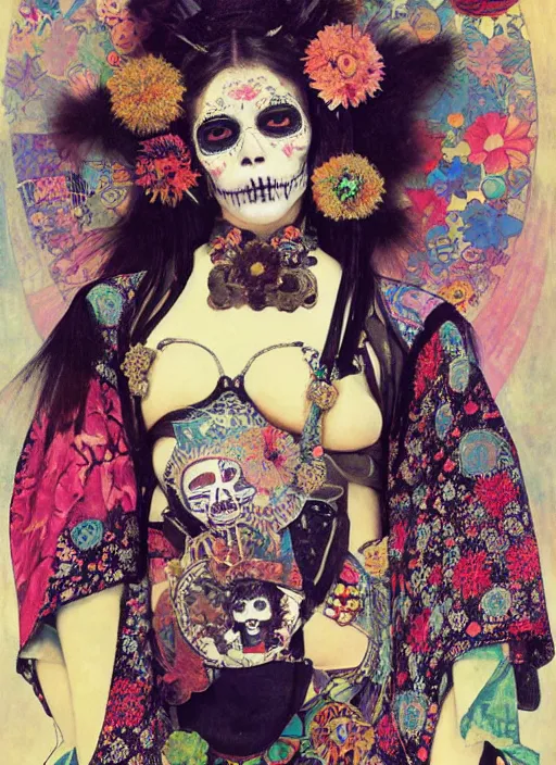 Image similar to cute punk goth fashion hippy fractal Día de los Muertos android girl wearing kimono made of circits posing by Zhang Jingna, psychedelic dada collage by Hannah Höch Victor Moscoso Rick Griffin Alphonse Mucha Gustav Klimt Ayami Kojima Amano Charlie Bowater, masterpiece