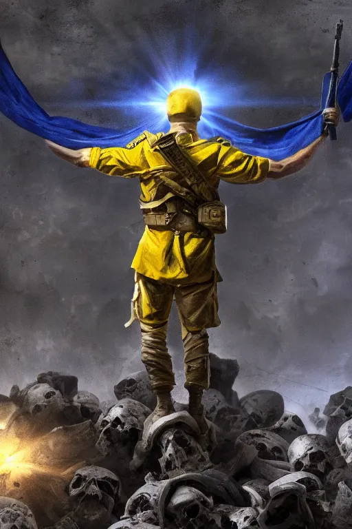 Prompt: A distant front view shot of a soldier with blue and yellow flag in his hand while he is standing on a huge pile of skulls in triumph after the battle, head is up, flag in his right hand, dark atmosphere, World War Three, bright rays of light, beams of light, intricate, volumetric lighting, volumetric lights, highly detailed, smooth, artstation, digital illustration by Ruan Jia and Mandy Jurgens and Artgerm and Wayne Barlowe and Greg Rutkowski and Frank Frazetta