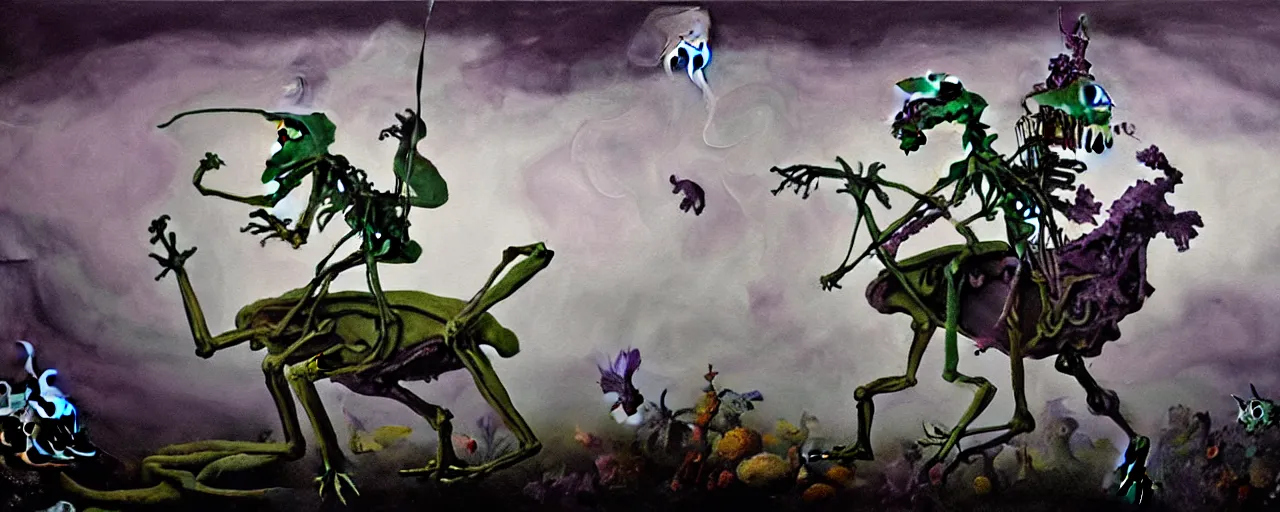 Image similar to muppet frog horseman riding a glowing baroque unicorn skeleton in foggy dark landscape, in style of tarot card, painting by neo rauch, part by adrian ghenie and daniel richter, in color palette of francis bacon, eerie, mystical, sublime