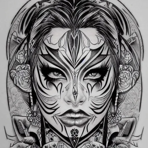 Image similar to tattoo design of a beautiful girl warrior face, hyper detailed, in the design of eliot kohek. white paper background