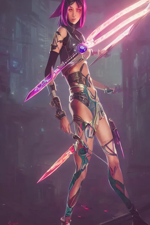 Image similar to fiora from league of legends, cyberpunk futuristic neon. long sword in her hand, decorated with traditional japanese ornaments by ismail inceoglu dragan bibin hans thoma greg rutkowski alexandros pyromallis nekro rene maritte illustrated, perfect face, fine details, realistic shaded, fine - face, pretty face, masterpiece