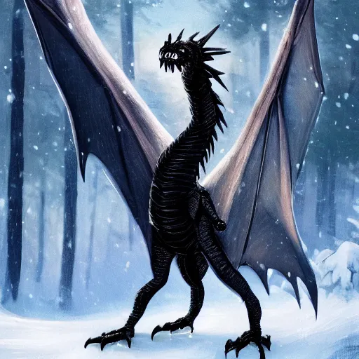 Image similar to handsome cute black dragon in snowy forest, dnd character, background focus, fantasy, magic, realistic textured skin, hawk feather, hawk wings, lizard legs, lizard pose, big eyes, clear clean, by lya kushinov, Avetetsuya Studios, Alexandra Fomina artstation, by Makoto Shinkai, digital 2D, matte painting