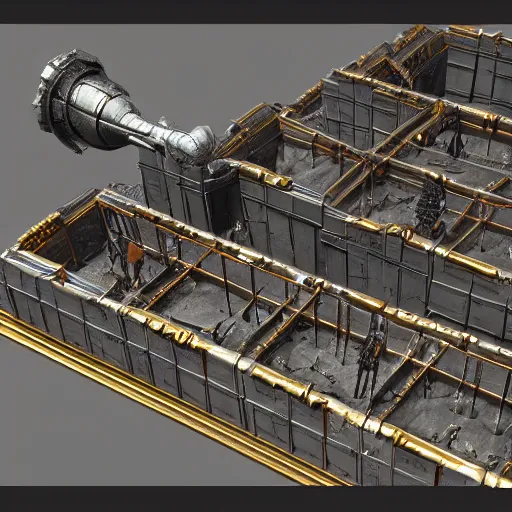 Prompt: 3 d sculpted model of scifi industrial pit with gold elements, right angles, straight edges, small attachments, many pipes, by moebius, mass effect, starship troopers, elysium, prometheus, the expanse, high tech industrial, artstation unreal, unity, maya, houdini, dramatic cinematic lighting