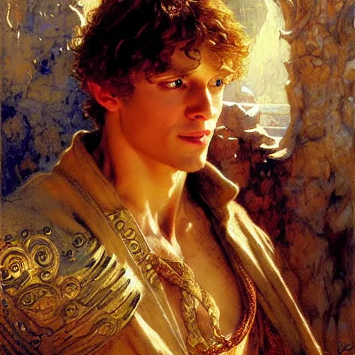 Image similar to handsome arthur pendragon in love with handsome merlin the mage. merlin is also in love with arthur. highly detailed painting by gaston bussiere, craig mullins, j. c. leyendecker