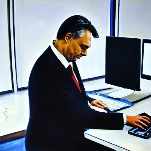 Image similar to viktor orban programming a computer in a cubicle, oil painting