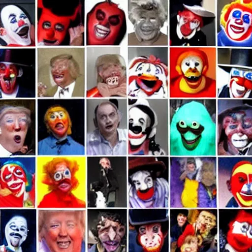 Prompt: a collage of clown pictures that make donald trumps face