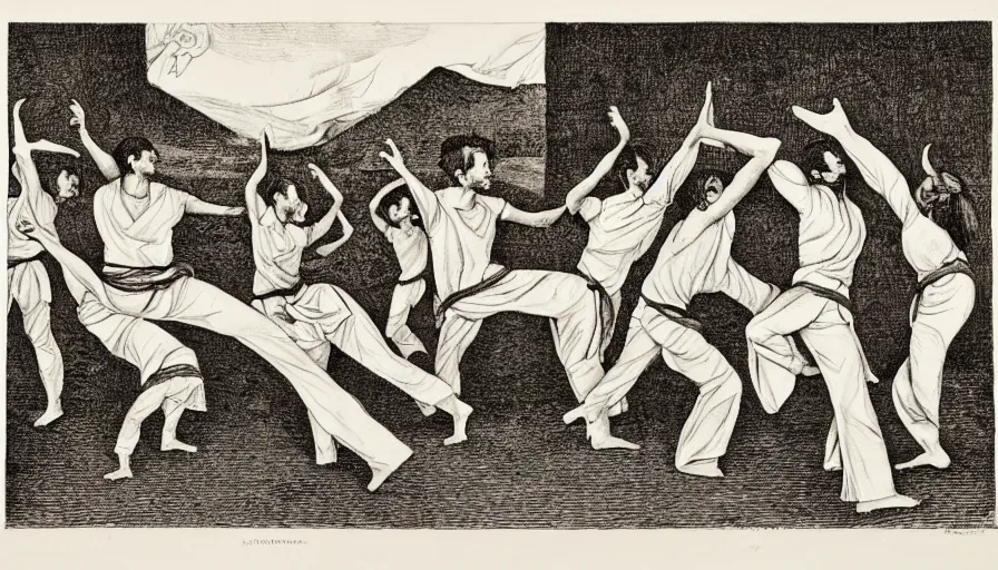 Image similar to capoeira, engraving by escher