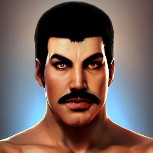 Image similar to freddy mercury as ryu street fighter, portrait, ultra realistic, concept art, intricate details, highly detailed, photorealistic, octane render, 8 k, unreal engine, art by frank frazetta, simon bisley, brom