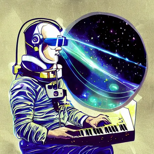 Image similar to an astronaut with headphone playing keyboard in the space, digital painting, digital art, bill sienkiewicz