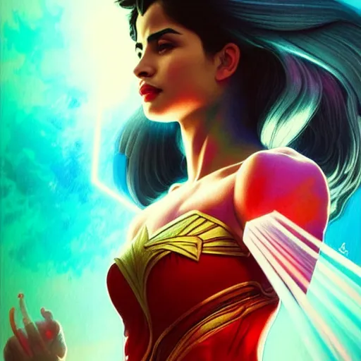 Image similar to anne curtis as darna, volumetric lights, red and cyan theme, art nouveau botanicals, intricate, highly detailed, digital painting, artstation, concept art, smooth, sharp focus, cinematic, illustration, beautiful face, art by artgerm and greg rutkowski and alphonse mucha