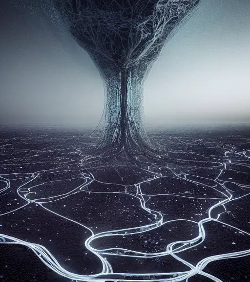 Image similar to surreal neuron city tower, only a flash of light breaking the waves, made of crystalized synapse, aerial iridecent veins, moonbow, in the desert, foggy sky, dark starry night, octane render, unreal engine, pale colors, high detail, 8 k, wide angle, trending on artstation, behance