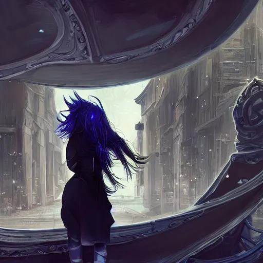 Image similar to low - angle shot from behind of a long blue - haired girl in a tailcoat overlooking demacia, combat boots, noir, screenshot, sharp focus, intricate, illustration, cell shaded, digital painting, highly detailed, straight hair, art by ilya kuvshinov, wlop, greg rutkowski, studio quality, james jean