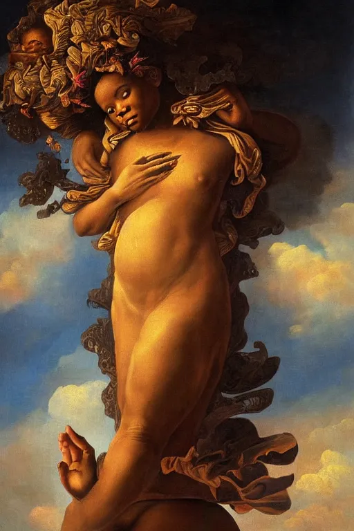 Prompt: baroque painting of african mother nature floating through the sky, inspired by gustav moreau and wayne barlow, exquisite detail, hyper realism, ornate, exquisite detail