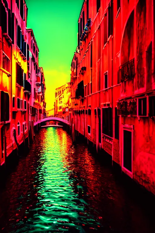 Prompt: neon streets of venice, 4 k, award winning photo, cyberpunk style