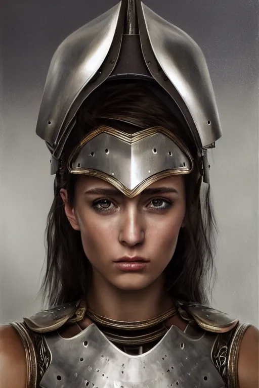 Image similar to a photorealistically painted portrait of an attractive young female, partially clothed in metal-plated battle armor, abstract background, flawless olive skin, fair complexion, long dark hair, beautiful bone structure, perfectly symmetric facial features, perfect photorealistic eyes, natural physique, intricate, elegant, digital painting, concept art, finely detailed, beautifully illustrated, sharp focus, minimal artifacts, volumetric lighting, from Metal Gear, by Ruan Jia and Mandy Jurgens and Artgerm and William-Adolphe Bouguerea, in the style of Greg Rutkowski, trending on Artstation, award winning art