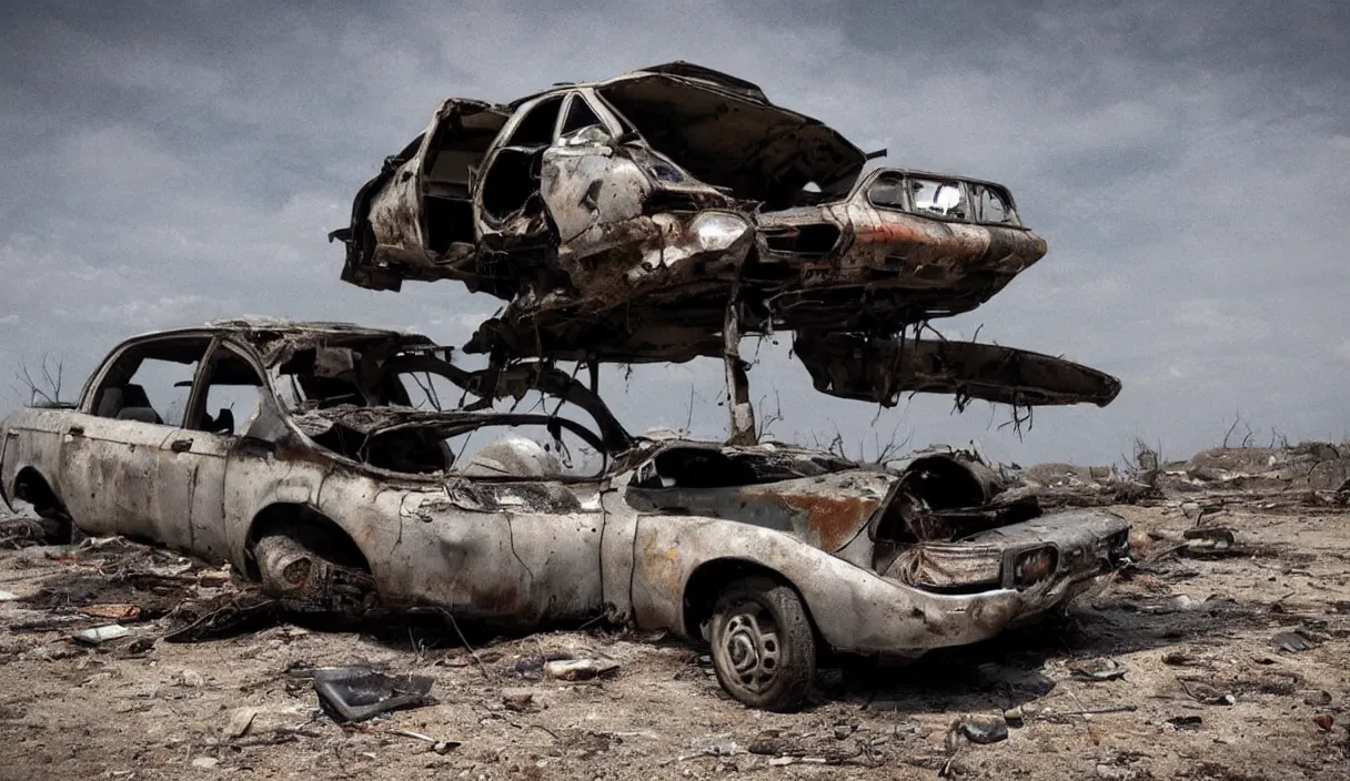 Prompt: a post apocalyptical car abandoned in a wasteland, max max style, low angle view