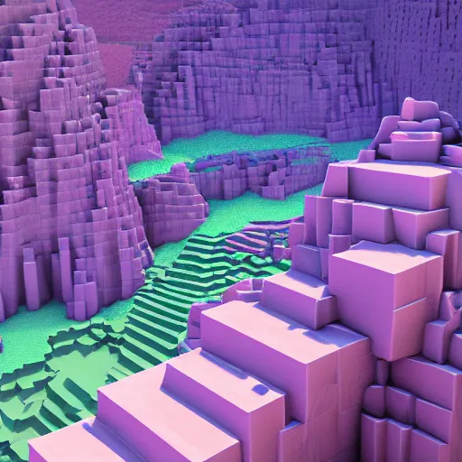 Prompt: canyon made from voxels, microcubes, made of translucent opal, pastel colors, substance painter 3D, 8K VFX render