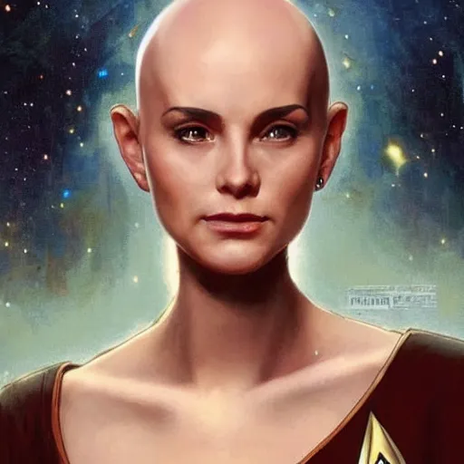 Image similar to a bald serbian!!! young woman as a star trek captain, a still from star trek painted by artgerm and greg rutkowski and alphonse mucha. clear highly detailed face, beautiful sci fi art