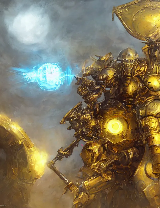 Prompt: full body, attack position Victor Nizovtzev and Marc Simonetti painting in lush fantasy environment of a ornate holy mechanical warforged with circular glowing eye, character in yellow armor holding a legendary paladin engraved holy great longsword and carrying a huge heavy paladin shield, vertically flat head, face in focus, epic , trending on ArtStation, masterpiece, cinematic lighting