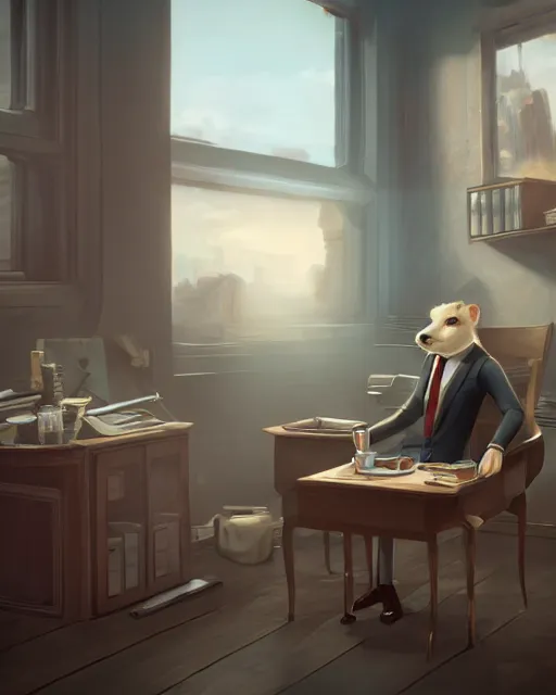 Image similar to artstation scifi scene of a weasel in suits drinking tea ， in a shabby lawyer office, wooden furnitures summer unreal engine 5, hyper realism, realistic shading, cinematic composition, blender render, octane render, hdr, detailed textures, photorealistic, wide shot